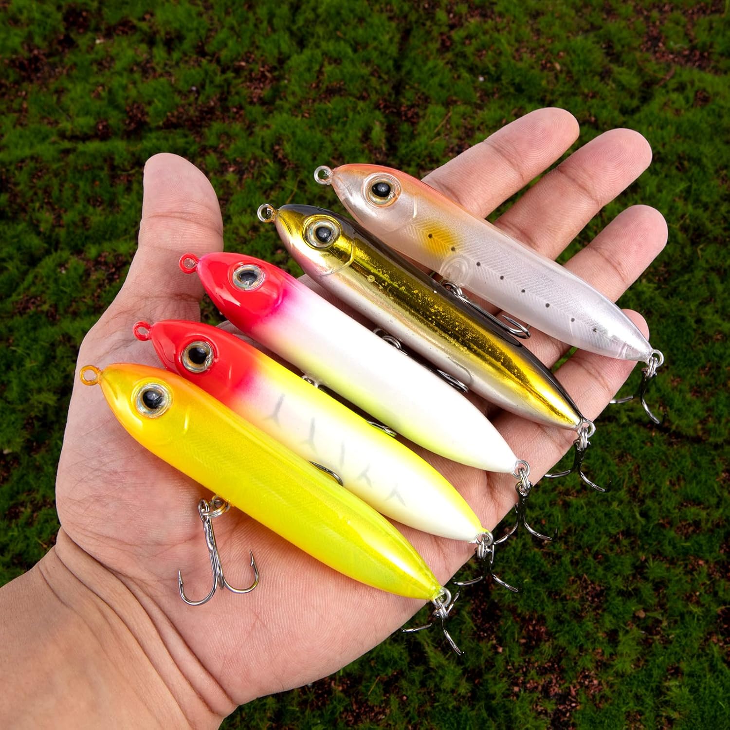 Walk-The-Dog Lure Set 5 piece. Top Water Fishing Lures Kit for Saltwater and Freshwater. Treble Hooks Hard Baits.