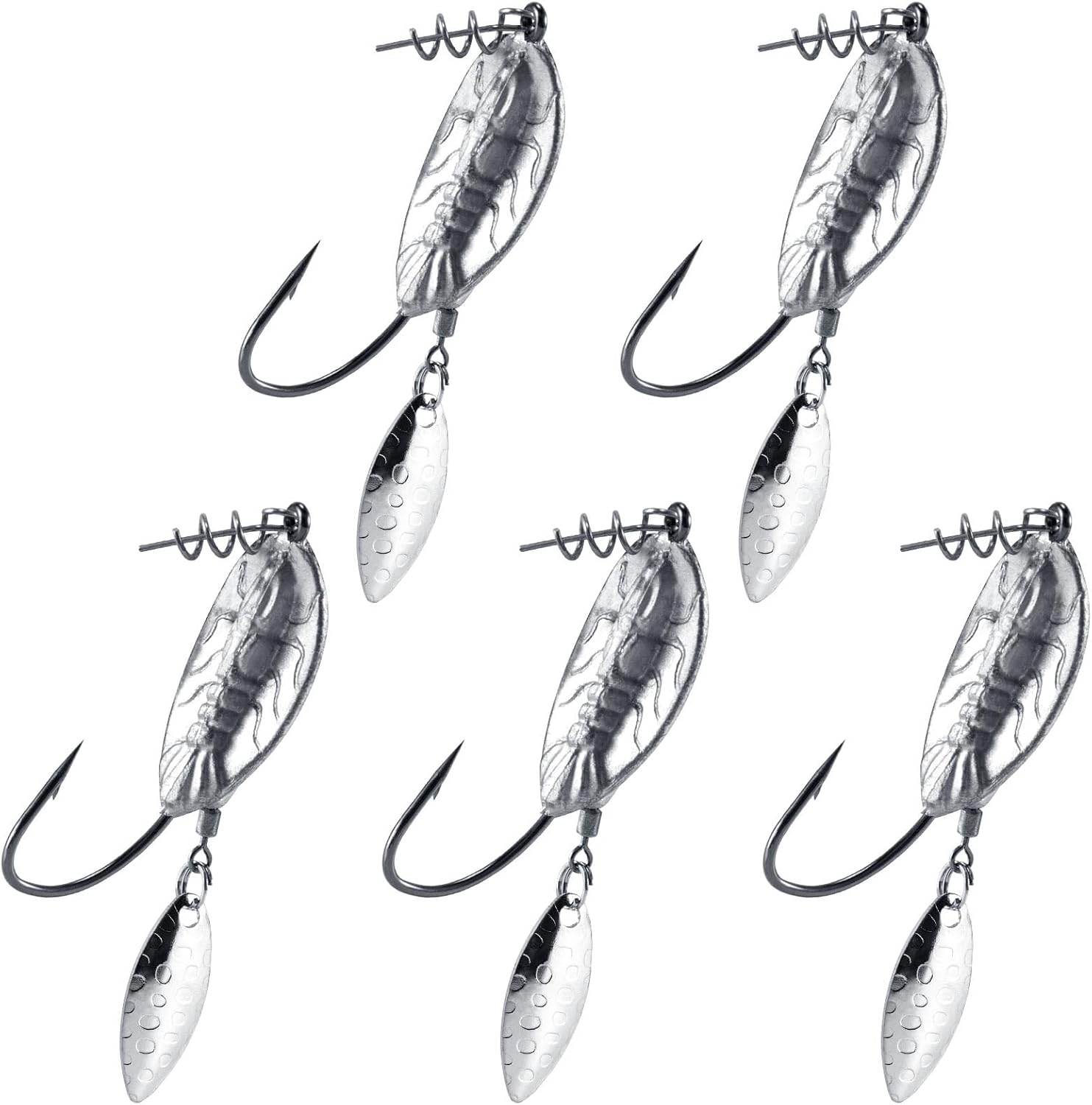 5-Pack Weighted Swimbait Hooks with Underspin, Pin Spring Fishing Hook Willow Spinner Blades Silver Gold, Bass Swivels Spinnerbait Weedless for Soft Lures 1/7oz