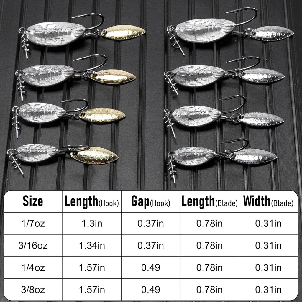5-Pack Weighted Swimbait Hooks with Underspin, Pin Spring Fishing Hook Willow Spinner Blades Silver Gold, Bass Swivels Spinnerbait Weedless for Soft Lures 1/7oz