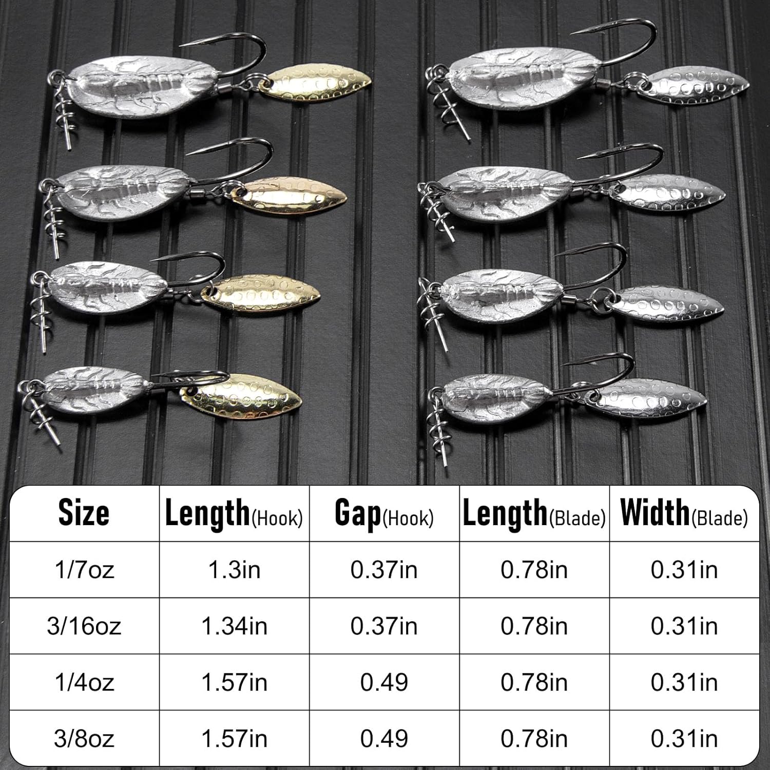 5-Pack Weighted Swimbait Hooks with Underspin, Pin Spring Fishing Hook Willow Spinner Blades Silver Gold, Bass Swivels Spinnerbait Weedless for Soft Lures 1/7oz