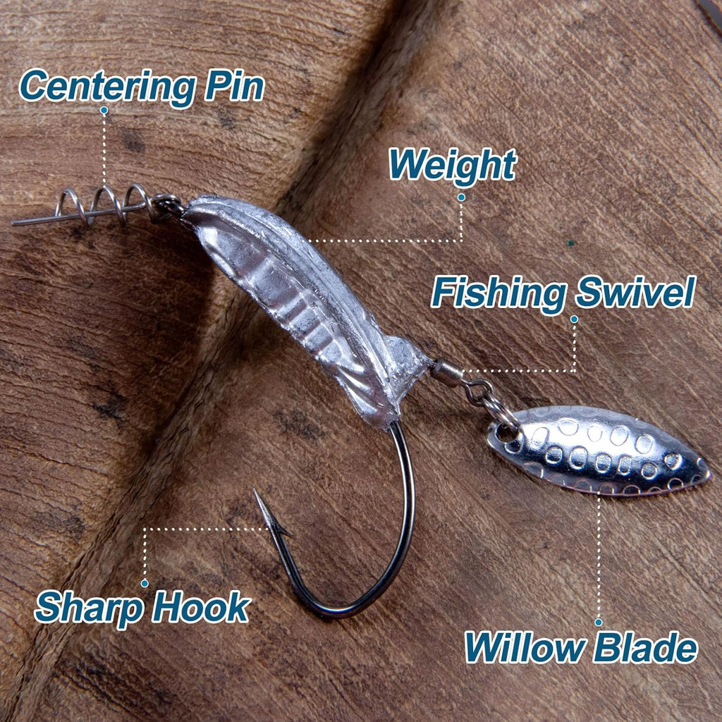 5-Pack Weighted Swimbait Hooks with Underspin, Pin Spring Fishing Hook Willow Spinner Blades Silver Gold, Bass Swivels Spinnerbait Weedless for Soft Lures 1/7oz