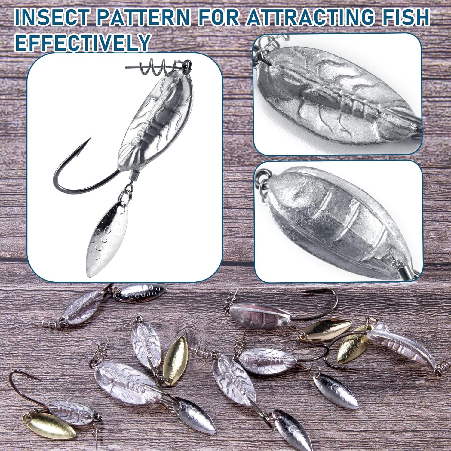 5-Pack Weighted Swimbait Hooks with Underspin, Pin Spring Fishing Hook Willow Spinner Blades Silver Gold, Bass Swivels Spinnerbait Weedless for Soft Lures 1/7oz