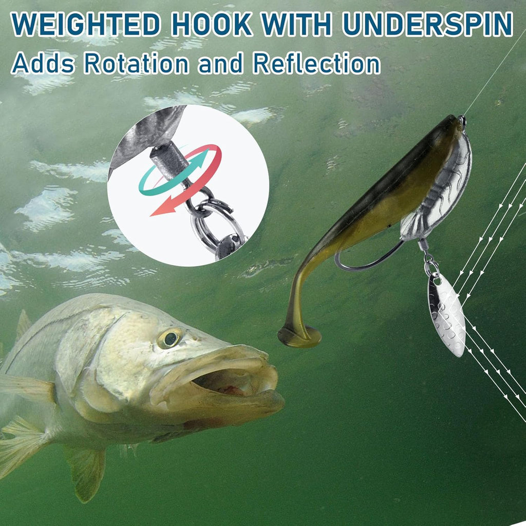 5-Pack Weighted Swimbait Hooks with Underspin, Pin Spring Fishing Hook Willow Spinner Blades Silver Gold, Bass Swivels Spinnerbait Weedless for Soft Lures 1/7oz