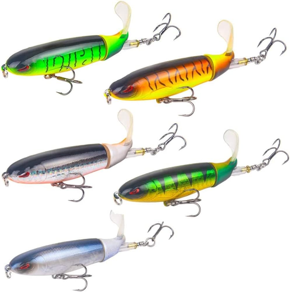 5 Pack Top-water Whopper Popper Lures with Floating Rotating Tail Hard Body Treble Hooks (Freshwater and Saltwater)