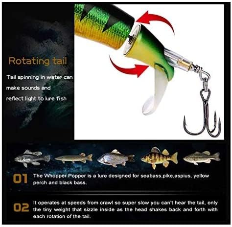 5 Pack Top-water Whopper Popper Lures with Floating Rotating Tail Hard Body Treble Hooks (Freshwater and Saltwater)