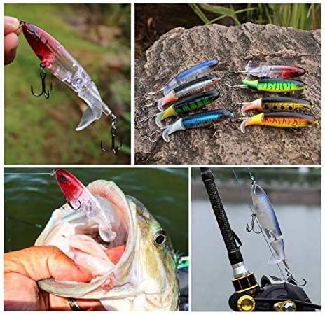 5 Pack Top-water Whopper Popper Lures with Floating Rotating Tail Hard Body Treble Hooks (Freshwater and Saltwater)