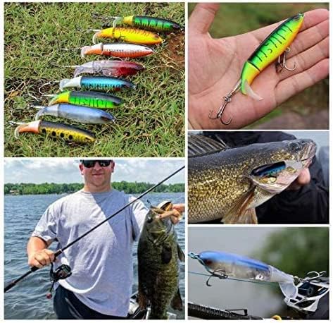5 Pack Top-water Whopper Popper Lures with Floating Rotating Tail Hard Body Treble Hooks (Freshwater and Saltwater)