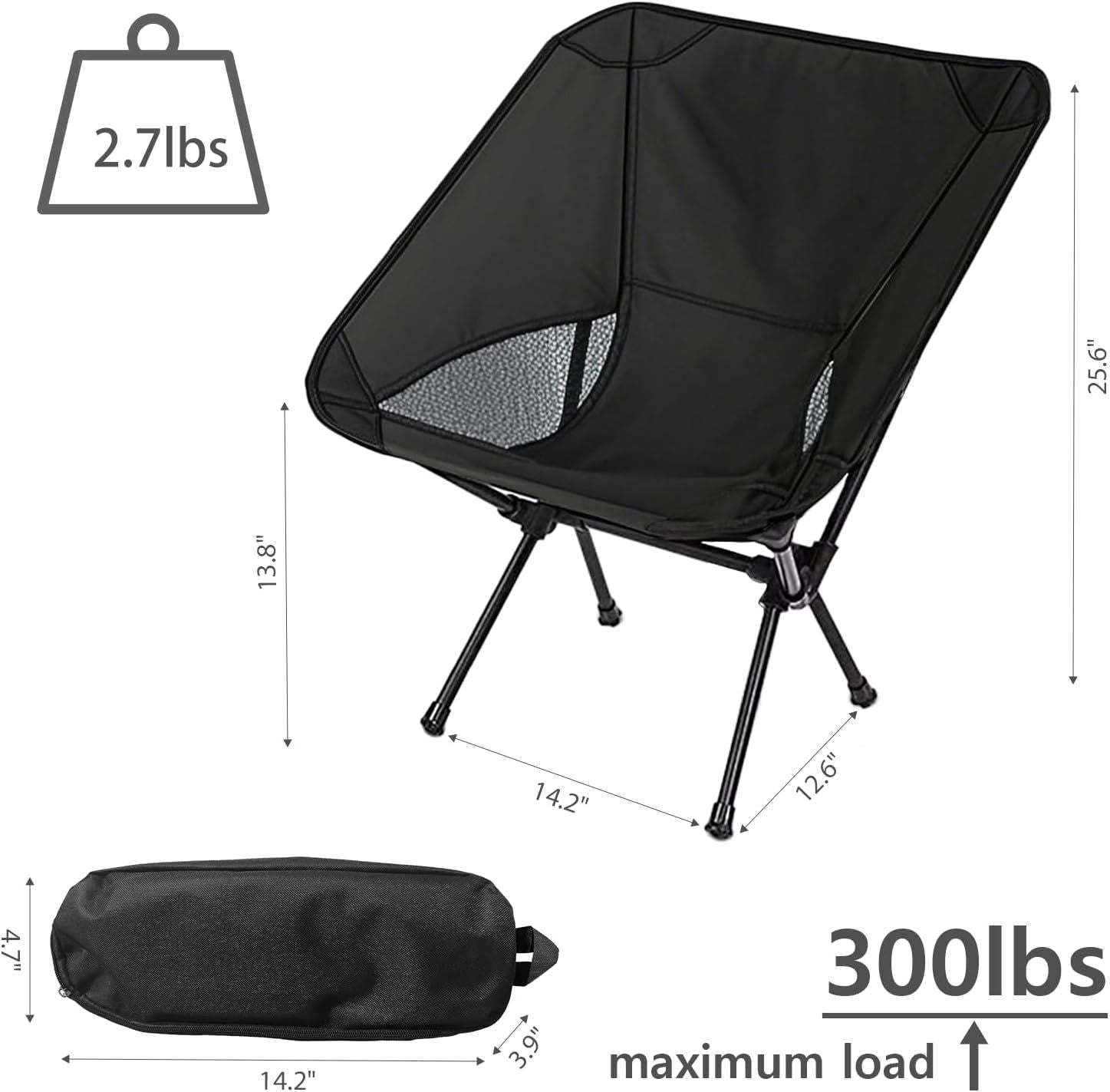 Portable Camping Chair Lightweight Foldable Outdoor Chair for Hiking Camp Backpacking Lawn Beach Fishing Picnic with Carry Bag (Black)