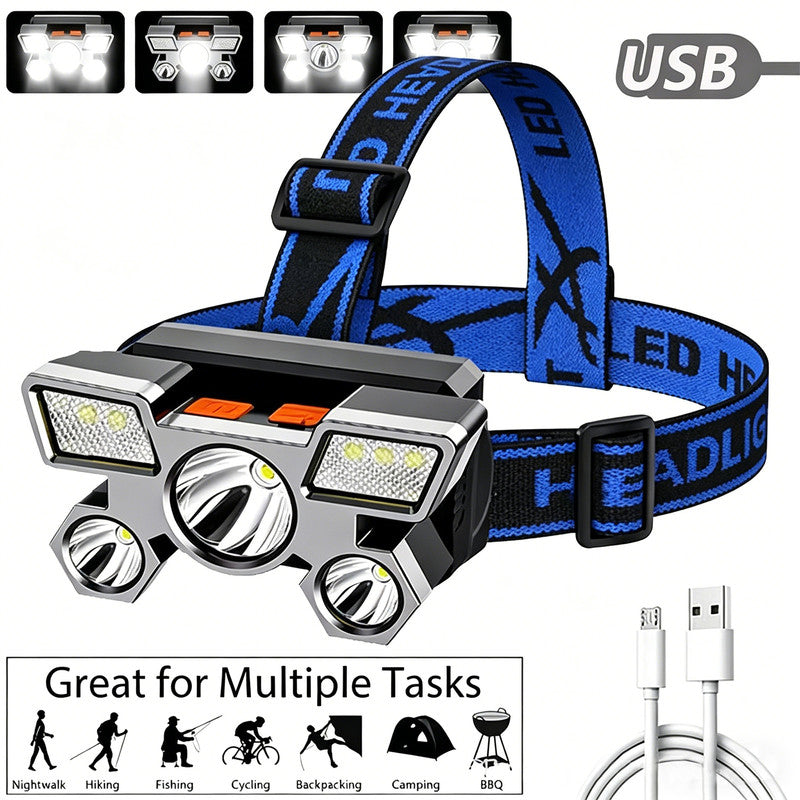Outdoor Multi-Function LED Headlamp - 4-Level Dimmable Ideal for Night Fishing & Camping - Silver