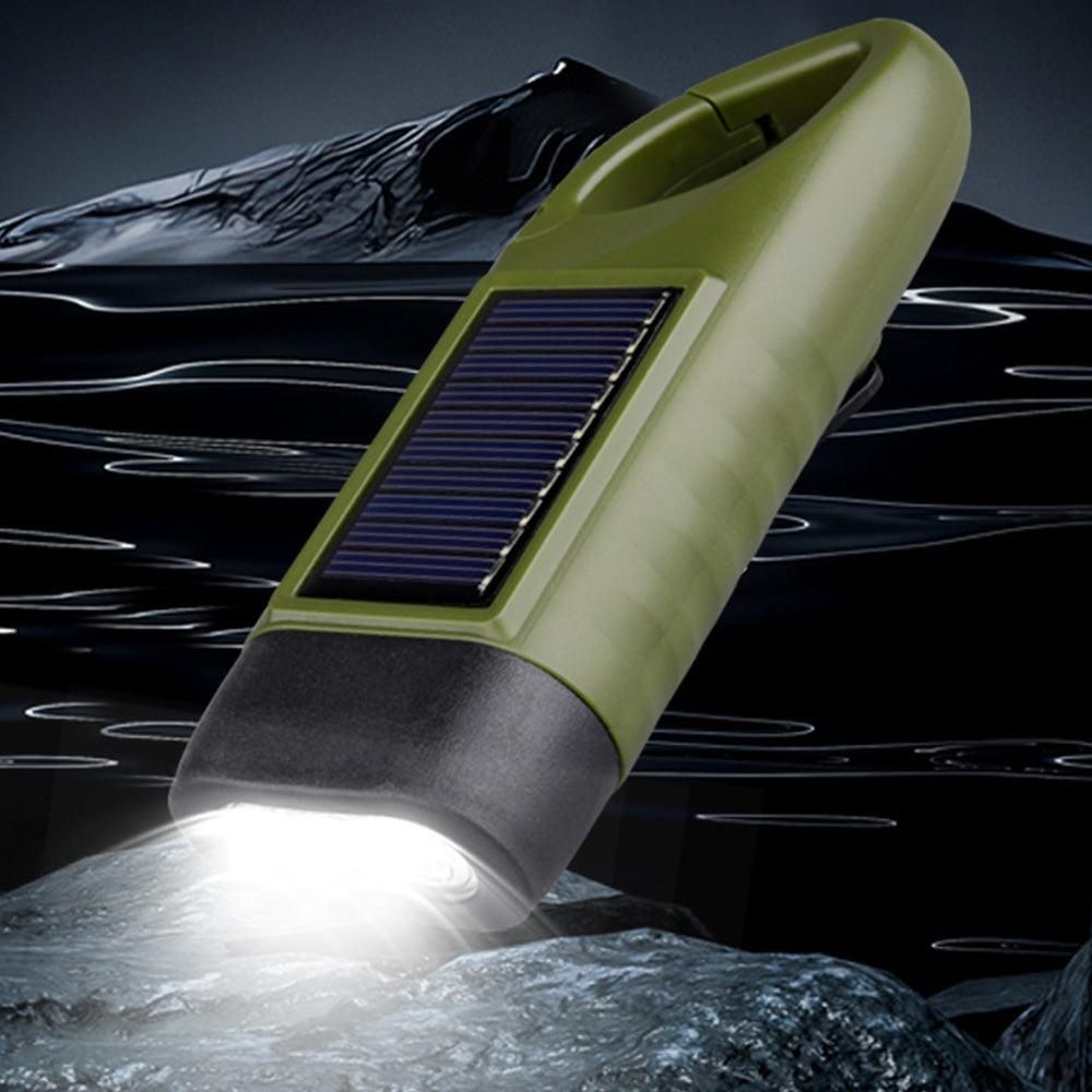 Hand Crank Solar Powered Emergency LED Flashlight - Rechargeable Light Military Green