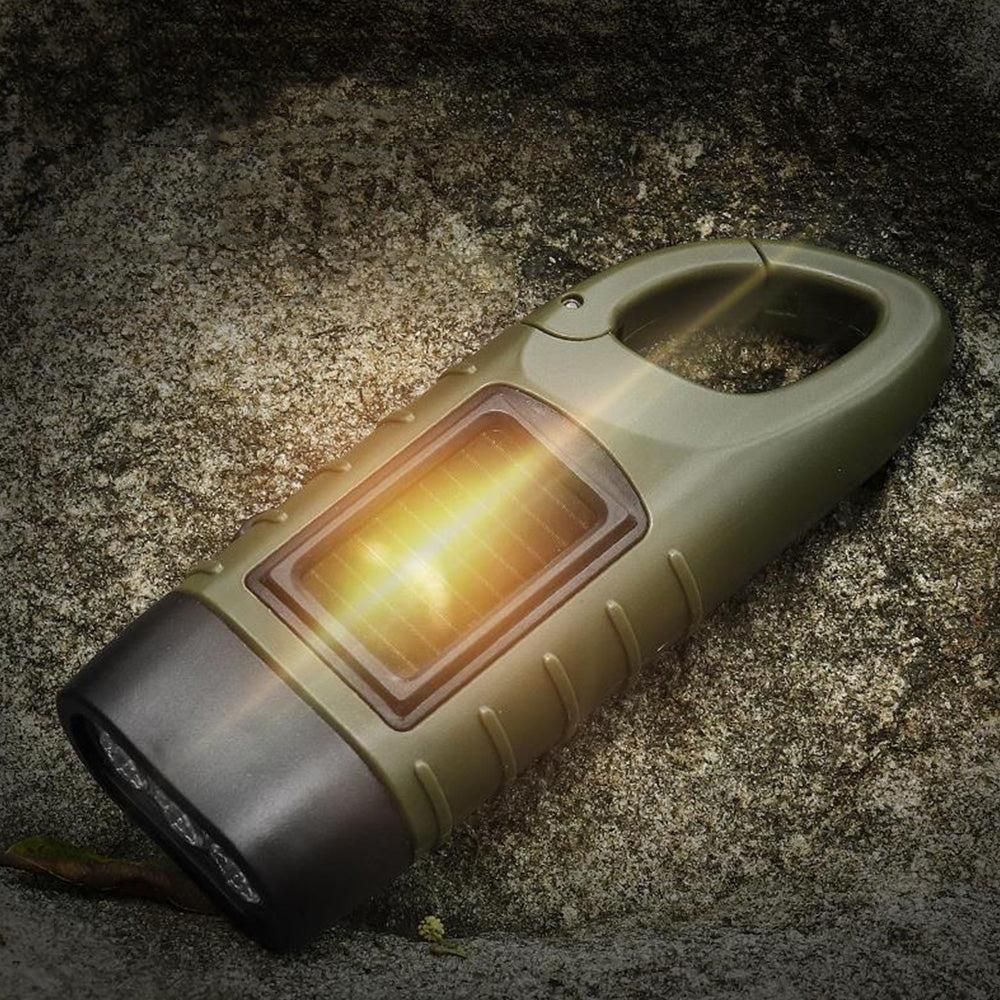 Hand Crank Solar Powered Emergency LED Flashlight - Rechargeable Light Military Green