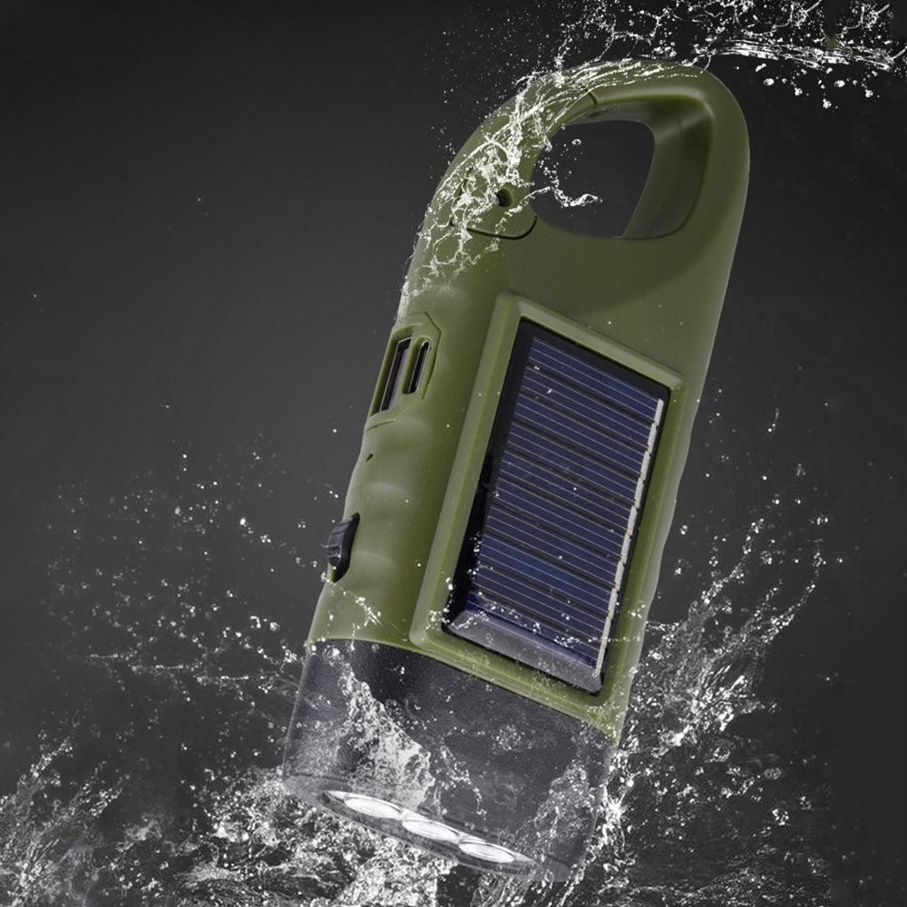 Hand Crank Solar Powered Emergency LED Flashlight - Rechargeable Light Military Green