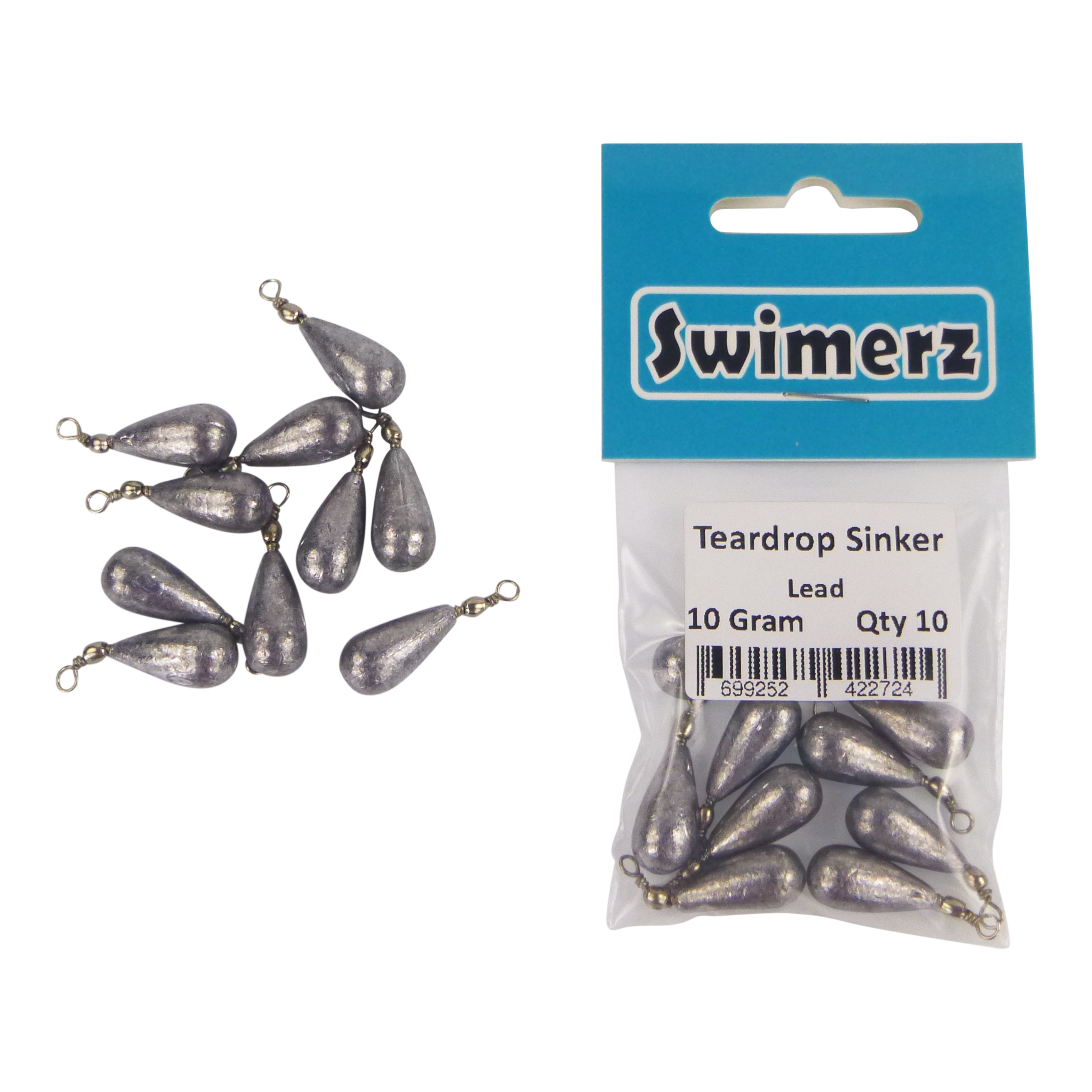 Swimerz 10gm Teardrop Sinker, Lead, 10 pack
