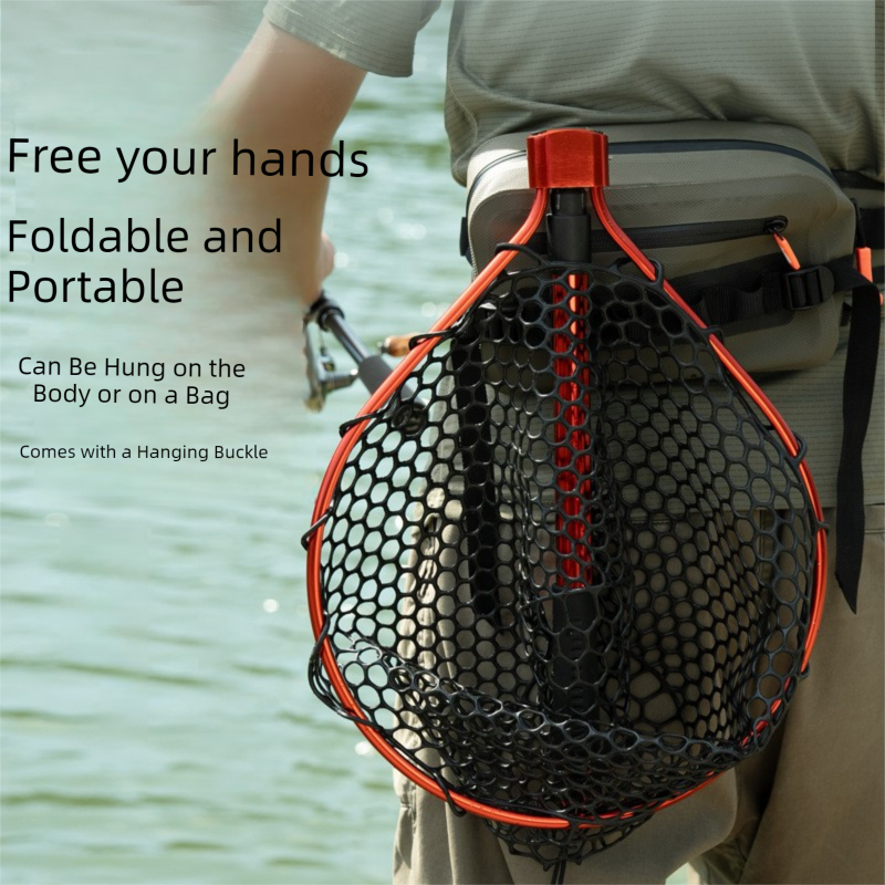Red High Strength Large Landing Net - Fishing Net with Foldable Handle and Soft Rubber Netting, Dip Net for Fishing, Ideal for Boat, Pier, River Angling