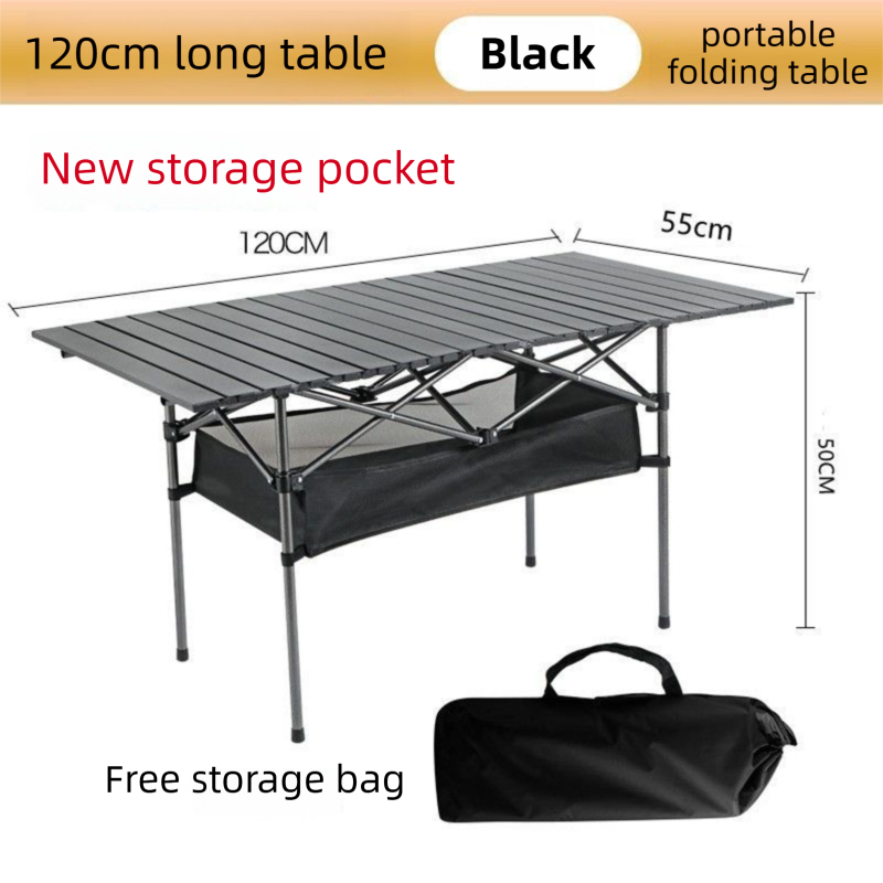 120CM Black Portable Folding Roll Camping Table with Storage Bag & Mesh Net- Heavy-Duty Carbon Steel Picnic Table for 6-8 People