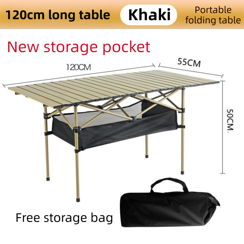 120CM Khaki Portable Folding Roll Camping Table with Storage Bag & Mesh Net- Heavy-Duty Carbon Steel Picnic Table for 6-8 People