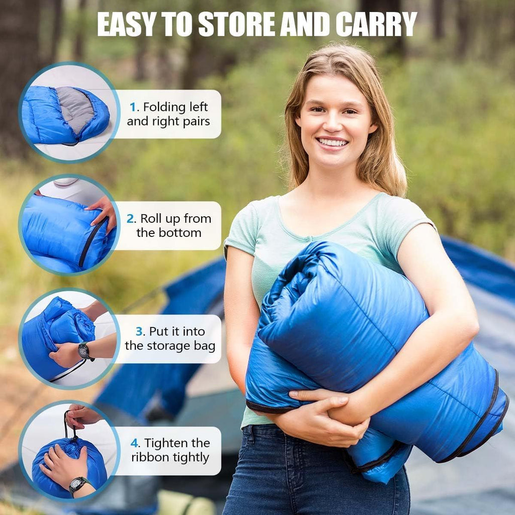 210 x 75cm Blue Portable Envelope Camping Sleeping Bag 1.3kg Thickened Warm Sleeping Bag with Carry Bag, Convertible Blanket Design & 4 Seasons Cold Weather or Warm for Hiking Travel Indoor Outdoor Use