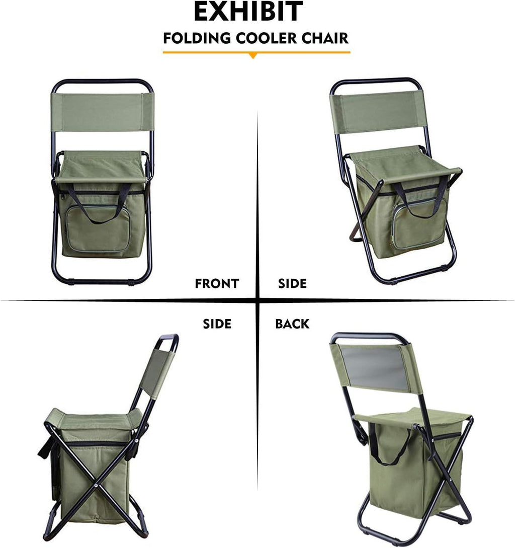 3-in-1 Green Large Portable Folding Camping Chair with Zippered Cooler Bag and 35*35cm Thick Plush Seat Cushion, Outdoor Fishing and Picnic Stool with Backrest and 25 *27 *18.5cm Insulated Storage Pocket