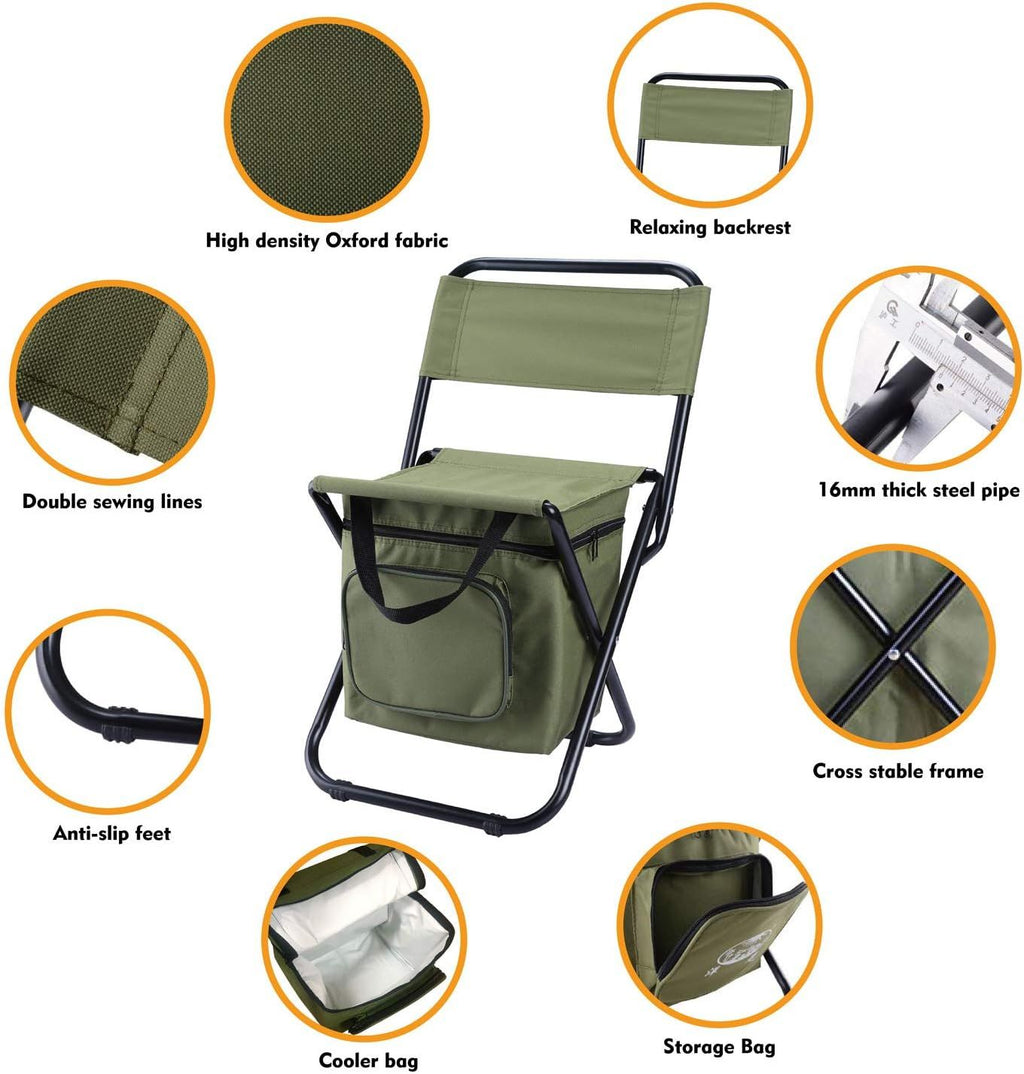 3-in-1 Blue Large Portable Folding Camping Chair with Zippered Cooler Bag and 35*35cm Thick Plush Seat Cushion, Outdoor Fishing and Picnic Stool with Backrest and 25 *27 *18.5cm Insulated Storage Pocket