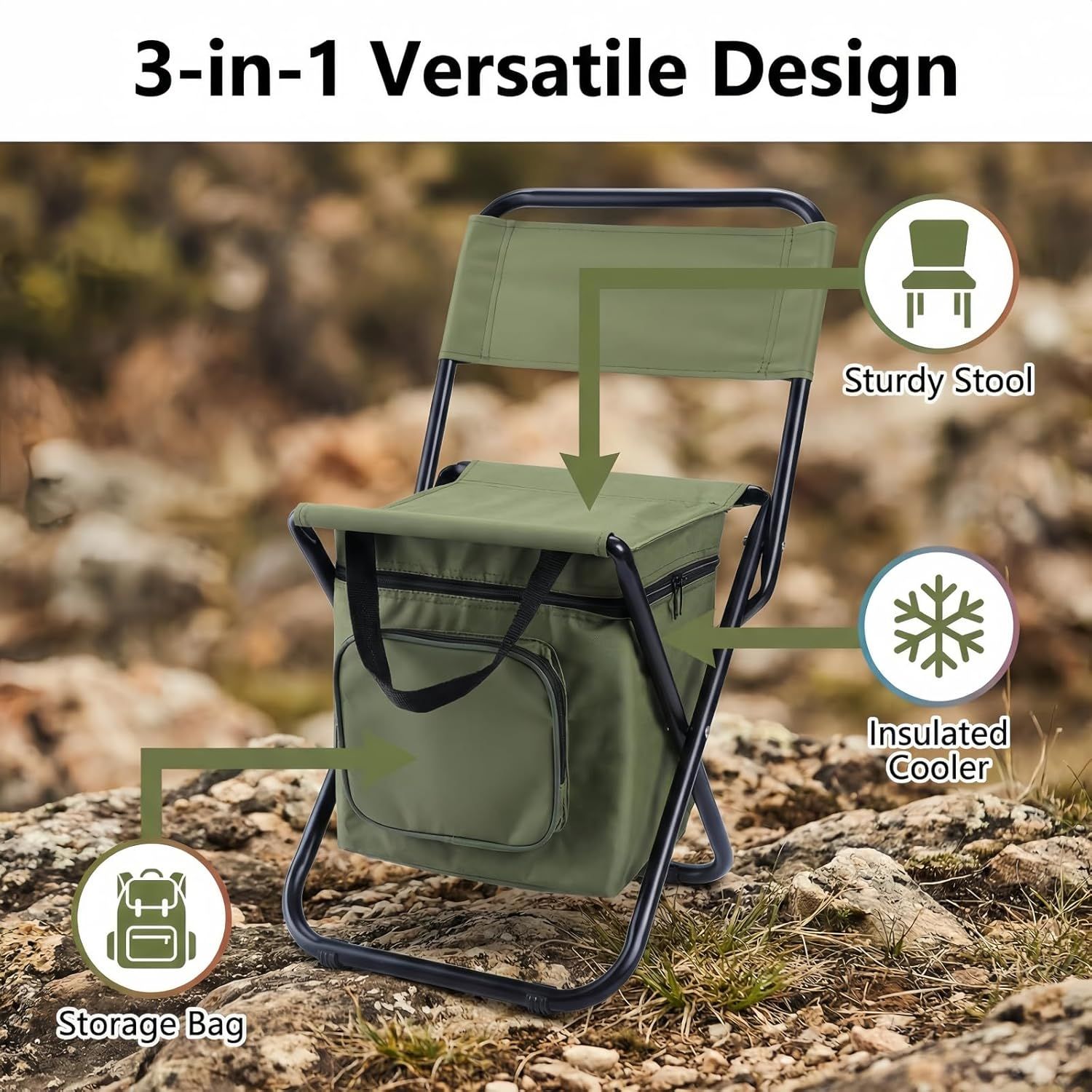 3-in-1 Camouflage Large Portable Folding Camping Chair with Zippered Cooler Bag and 35*35cm Thick Plush Seat Cushion, Outdoor Fishing and Picnic Stool with Backrest and 25 *27 *18.5cm Insulated Storage Pocket