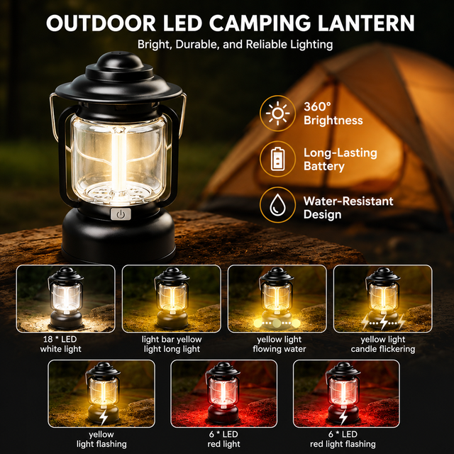 Black Vintage LED Outdoor Camping Lantern with Warm Ambient Light - 7 Lighting Modes, 24H Long Runtime, USB-C Rechargeable, Stepless Dimming and Hanging Tent Light