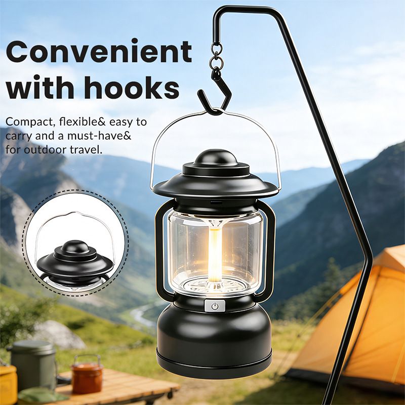 Black Vintage LED Outdoor Camping Lantern with Warm Ambient Light - 7 Lighting Modes, 24H Long Runtime, USB-C Rechargeable, Stepless Dimming and Hanging Tent Light