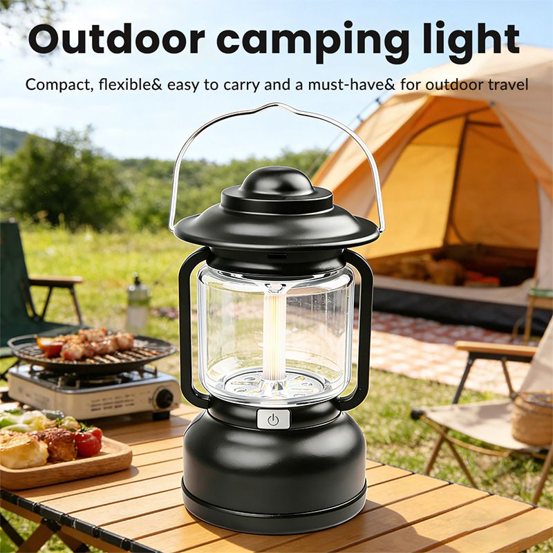 Silver and Grey Vintage LED Outdoor Camping Lantern with Warm Ambient Light - 7 Lighting Modes, 24H Long Runtime, USB-C Rechargeable, Stepless Dimming and Hanging Tent Light