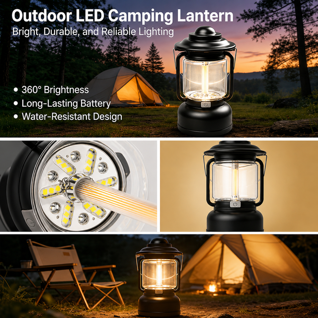 Silver and Grey Vintage LED Outdoor Camping Lantern with Warm Ambient Light - 7 Lighting Modes, 24H Long Runtime, USB-C Rechargeable, Stepless Dimming and Hanging Tent Light