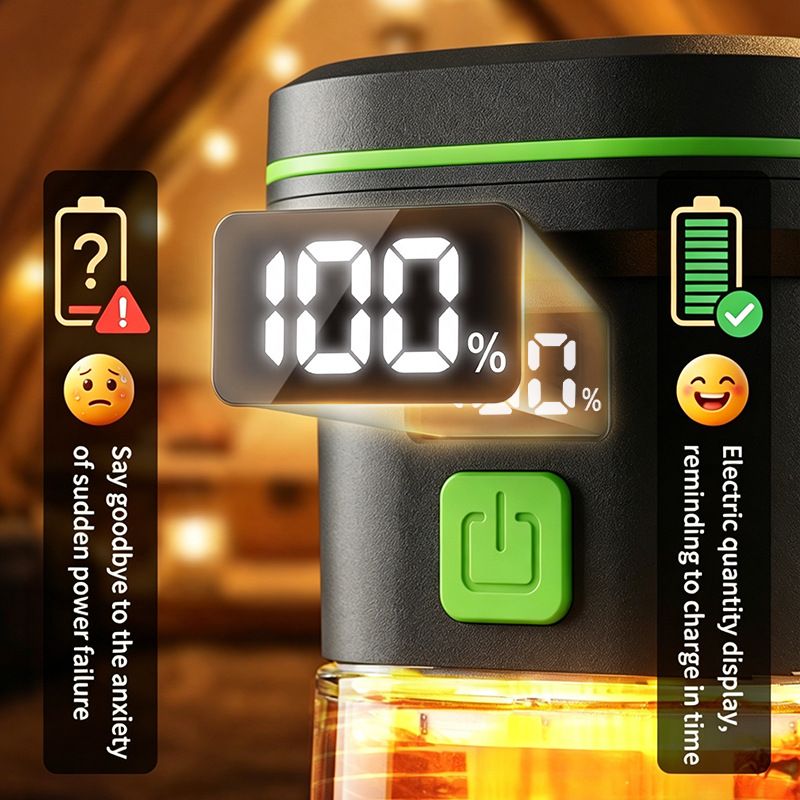 LY27 Black and Green Compact LED Camping Lantern with Spotlight and Ambient Light, USB-C Rechargeable Outdoor Emergency Tent Light - Digital Battery Display, 7 Lighting Modes, 100m Beam Range & Hanging Hook