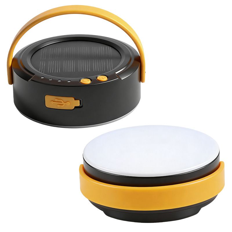 LY20 Black and Yellow Compact Solar Camping Lantern for Home Travel Use, Outdoor LED Emergency Tent Lamp and Hanging Light - 4 Lighting Modes and 3 Levels Brightness Adjustment, LED Power Display, Solar & USB-C Dual Charging