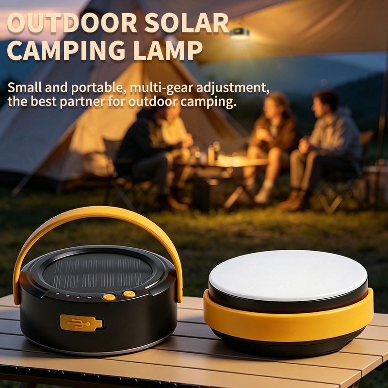 LY20 Black and Yellow Compact Solar Camping Lantern for Home Travel Use, Outdoor LED Emergency Tent Lamp and Hanging Light - 4 Lighting Modes and 3 Levels Brightness Adjustment, LED Power Display, Solar & USB-C Dual Charging