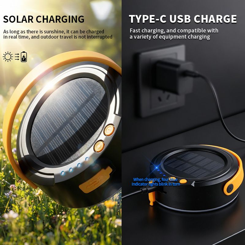 LY20 Black and Yellow Compact Solar Camping Lantern for Home Travel Use, Outdoor LED Emergency Tent Lamp and Hanging Light - 4 Lighting Modes and 3 Levels Brightness Adjustment, LED Power Display, Solar & USB-C Dual Charging
