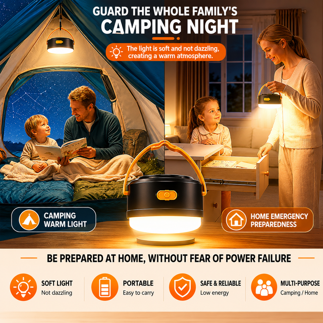 LY20 Black and Yellow Compact Solar Camping Lantern for Home Travel Use, Outdoor LED Emergency Tent Lamp and Hanging Light - 4 Lighting Modes and 3 Levels Brightness Adjustment, LED Power Display, Solar & USB-C Dual Charging